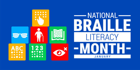 Naklejka premium National Braille Literacy Month background, banner, card or poster design template is observed every year during January, to raise awareness about the mission. Vector illustration.
