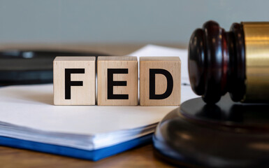 FED Federal Reserve Text on Wooden Blocks with Judge Gavel for Economic Policy Concept