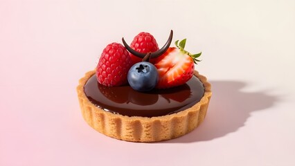 Delicious chocolate tart topped with fresh raspberries strawberries and blueberries on a pink background