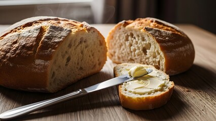 Crusty artisan bread loaf sliced open with butter spread on a slice with a knife