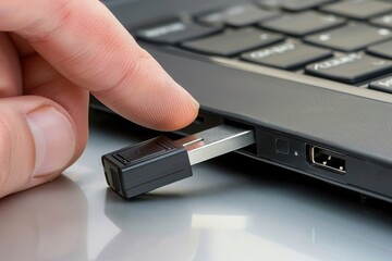 A person inserts a USB flash drive into a laptop computer for data transfer or storage.