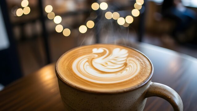 Cozy coffee shop ambiance with latte art swan and warm bokeh lights