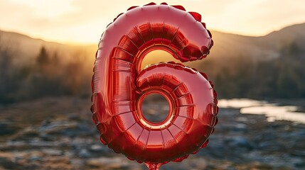 Celebrate a sixth birthday outdoors with a vibrant red balloon number six against a stunning sunset landscape, perfect for milestone celebrations and joyful moments