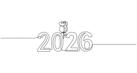 Happy New Year continuous one line drawing 2026 vector illustration