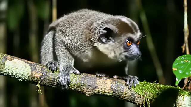 A tiny loris perches on a slender branch in a lush forest, grasping a tender leaf, capturing the quiet essence of foraging in the Sundaland wilderness, perfect for conceptual themes of.