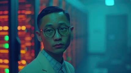 A young man with glasses stands in a dimly lit server room, surrounded by glowing computer equipment.