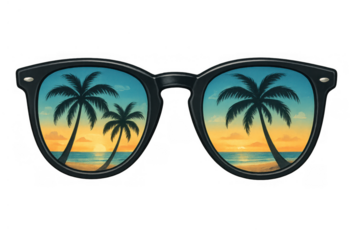 Sunglasses reflecting a tropical beach sunset with palm trees, representing summer vacation and travel paradise, transparent background