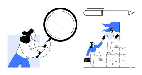 Business teamwork, leadership, exploration, problem solving, analysis, goal achievement. A person holding a magnifying glass, a pen and collaborative individuals climbing stairs. Leadership