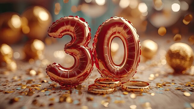 Celebrate a dazzling 30th birthday milestone with shimmering gold confetti and balloons, a memorable party scene for invitations and milestone marketing campaigns