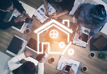 Real estate investment profit illustration showing rising house value, property return, and real...