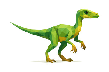 Fototapeta premium Geometric low poly dinosaur: green and yellow velociraptor in modern design