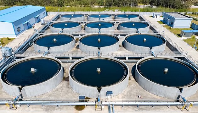 Aerial view of water treatment plant clarifying tanks with circulating water, industrial infrastructure.