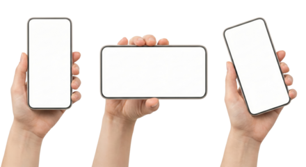 Hands showcasing mobile devices in various orientations against a pure backdrop