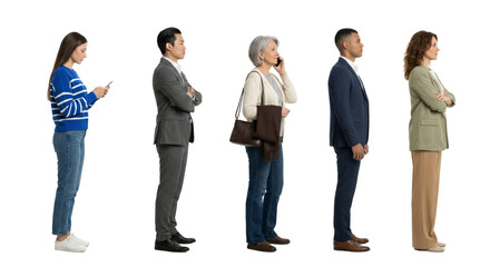 Diverse group of people standing in line, showcasing professional and casual attire, isolated on a