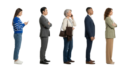 Diverse group of people standing in line, showcasing professional and casual attire, isolated on a