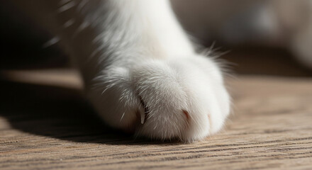 Close-up of a grey striped cat's paw resting on a wooden floor, partially in sunlit stripes and shadow