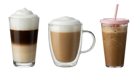 Three Coffee Creations in Glassware on an Isolated Transparent Presentation Backdrop