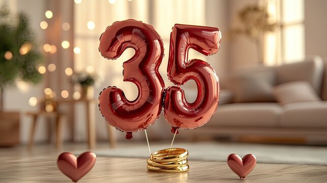Celebrate turning thirty-five with shiny red balloons and golden coins in a festive home setting for milestone birthdays and special occasions, creating joyful memories
