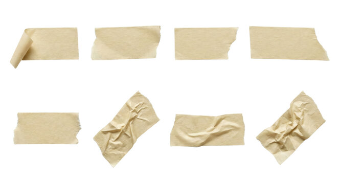 Isolated arrangement featuring assorted pieces of masking tape with unique textures and varied