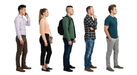 Diverse group of people standing in line against a transparent background for cutout use