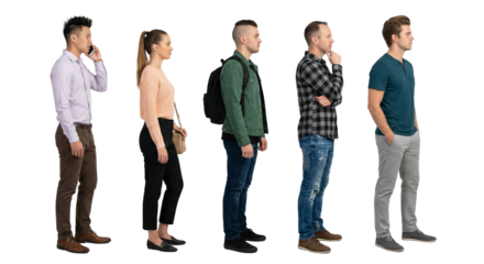 Diverse group of people standing in line against a transparent background for cutout use