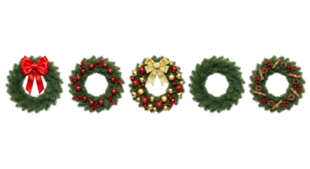 Festive collection of christmas wreaths with varied decorations against transparent backdrop