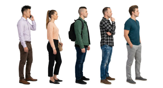 Diverse group of people standing in line against a transparent background for cutout use - Powered by Adobe