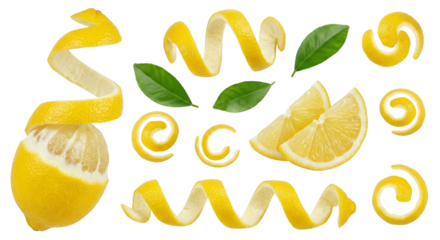 Artistic presentation of fresh lemons with decorative peels and leaves against a stark setting