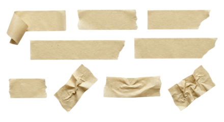 Assorted adhesive paper tape strips for design elements and scrapbooking uses, isolated, transparent