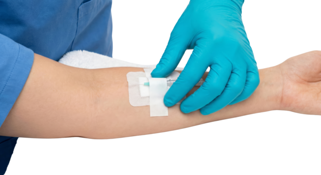 Medical professional securing IV catheter in patient's arm with aseptic technique and care - Powered by Adobe