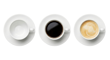 Minimalist coffee progression on transparent showcasing stages of consumption, from empty to latte