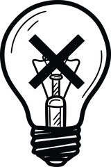 Hand-drawn simple lightbulb with an 'X' icon, doodle solid black on white, indicating idea failed or deleted