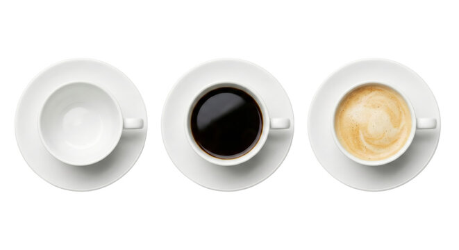 Minimalist coffee progression on transparent showcasing stages of consumption, from empty to latte
