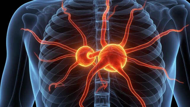 Animated 3D model of human cerebellum with glowing neurons and nerve cells.