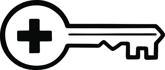 Hand-drawn simple key with a plus icon, doodle solid black on white, indicating add access or new key
