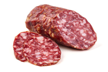 Dry Sausage Salami Slices, isolated on white background