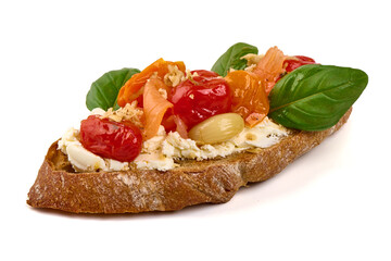 Tomato Bruschetta with Ricotta Cheese and Basil, isolated on white background