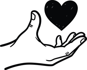 Hand-drawn simple hand giving a heart icon, doodle solid black on white, quick donation or appreciation sketch