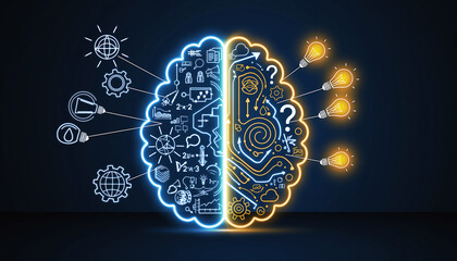 Conceptual Brain Illustration Ideas, Innovation, Creativity, ProblemSolving, Technology and Thinking, with Light Bulbs, Gears and Icons.