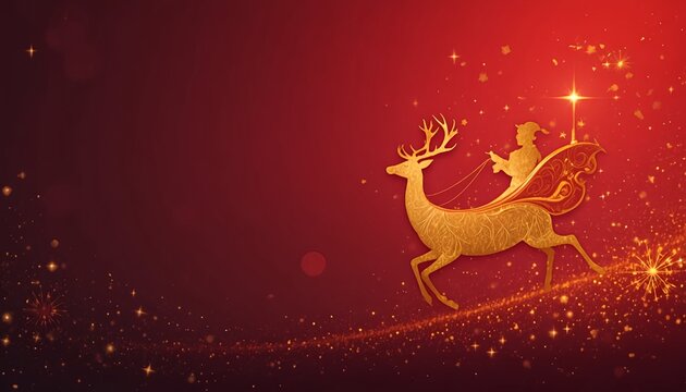 Golden sleigh and reindeer silhouette on red-to-maroon gradient background, sparkling stars, luxurious Christmas vertical banner.

 - Powered by Adobe