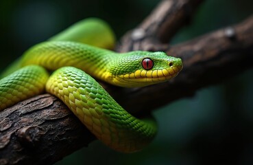 Fototapeta premium Green snake on tree branch. Snake has red eyes and yellow belly. Reptile coiled on brown branch in forest. Wildlife creature with scales and sharp look. Animal in natural habitat.