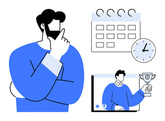 Business person thinking beside calendar and clock, highlighting time management, planning, and decision-making. Online trophy scene symbolizes achievement. Ideal for productivity, leadership