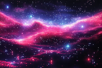Abstract neon pink and blue digital wave background with glowing dots and stars. Futuristic data flow design suitable for technology wallpapers and synthwave art