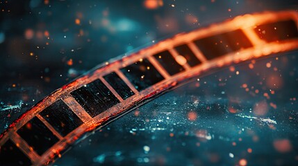 Vintage film strip with dynamic red and blue bokeh creates a nostalgic and artistic vibe for creative projects about history, movies, or photography