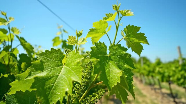 Vineyard leaves and grape bunches against a clear blue sky