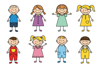 Naklejka premium Colorful Stick Figure Children Illustration with Variety of Poses and Outfits