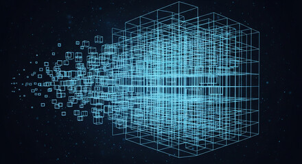 Stunning digital data structure dissolving into glowing blue cubes against a dark, abstract cyberspace background