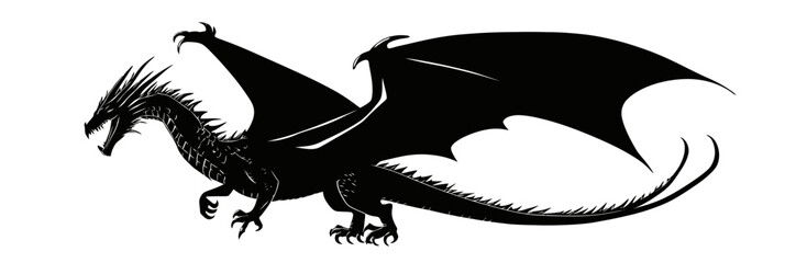 Black silhouette dragon with large wings and detailed scales isolated on white background fantasy creature vector illustration in minimalist flat style design