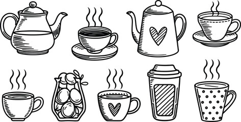 Hand drawn coffee and tea doodles set. Hot drink cups, mugs, and teapot vector illustration collection