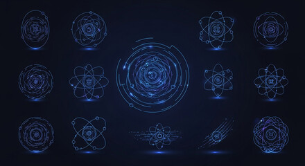 Stunning collection of glowing blue atomic and subatomic structure icons representing dynamic physics and futuristic technology concepts